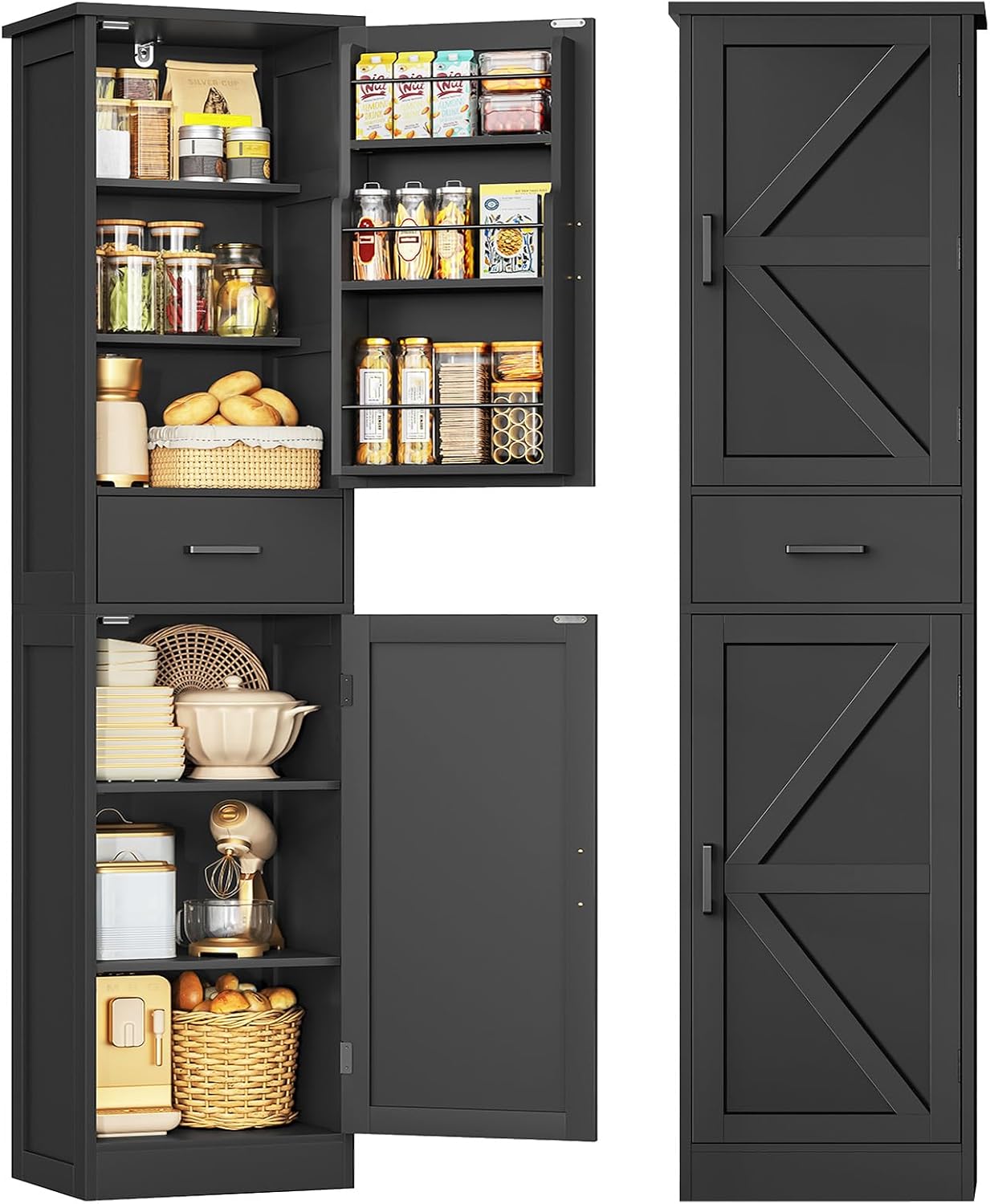 TEENFON Tall Storage Cabinet with 3 Door Shelves & 1 Drawer, Narrow Kitchen Pantry Cabinet for Living Room, Bathroom, Entryway, Black