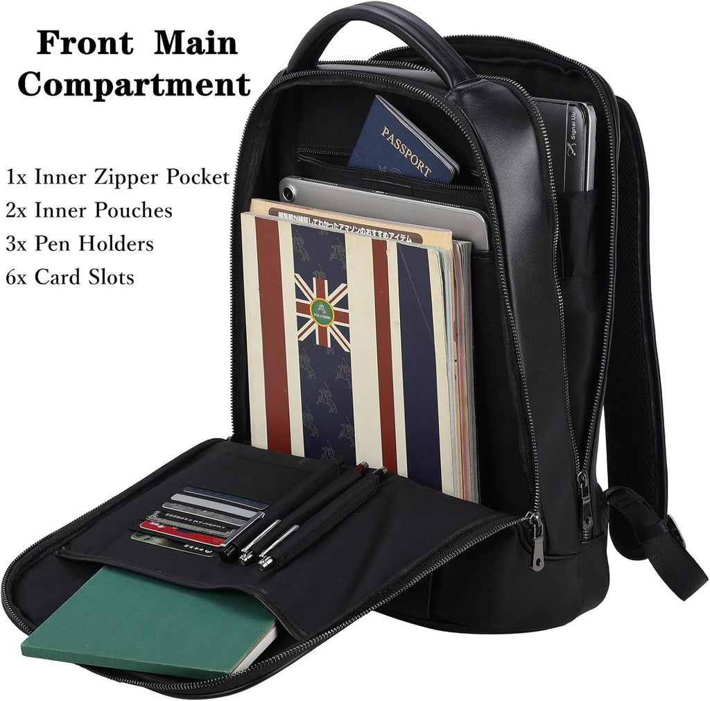 Masa Kawa Slim Leather 15' Laptop Backpack for Women Men Small Business Travel Office Work Computer Rucksack Bag Executive Casual Daypack, Black