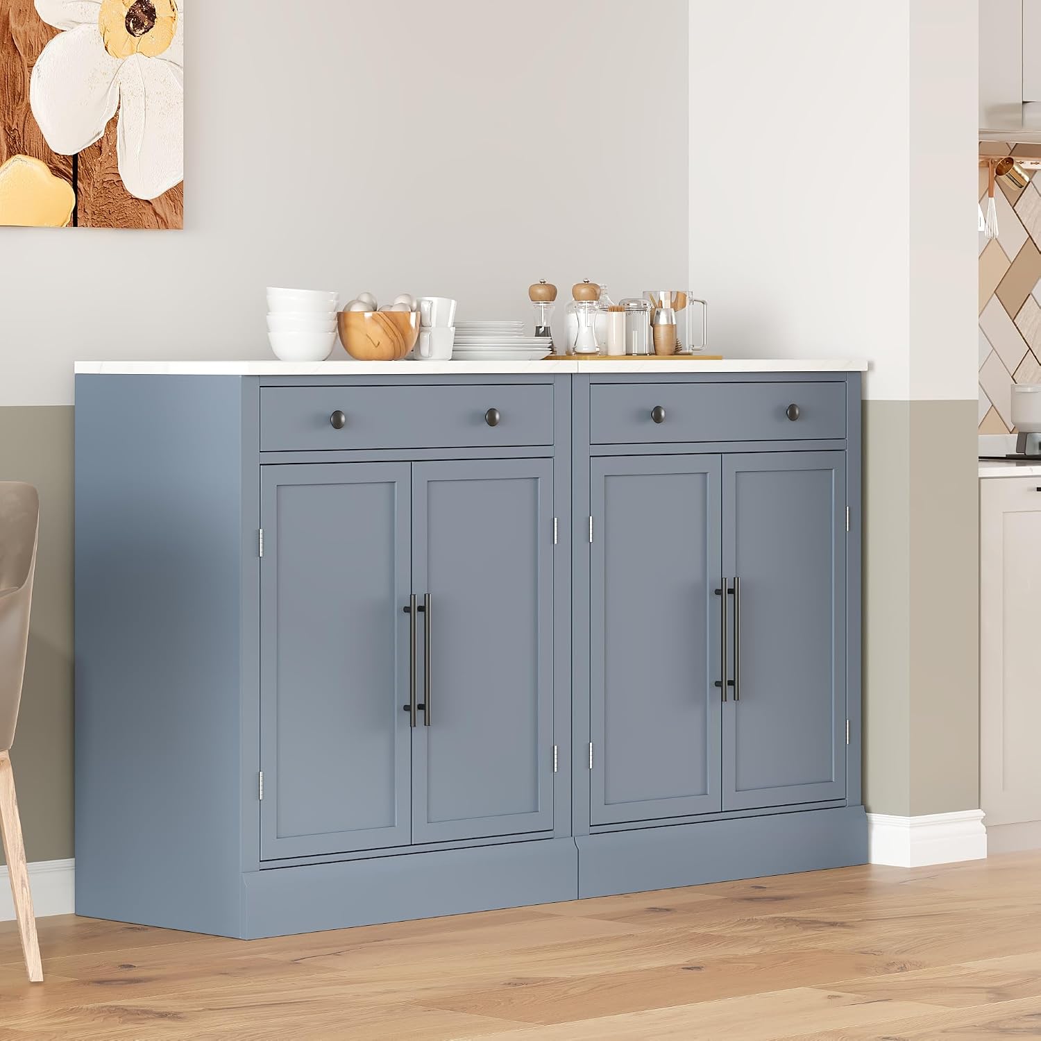 Modern Kitchen Pantry Storage Cabinet, Buffet Food Storage, Buffet Cabinet with 2 Adjustable Shelves and 2 Door Shelves, Set of 2