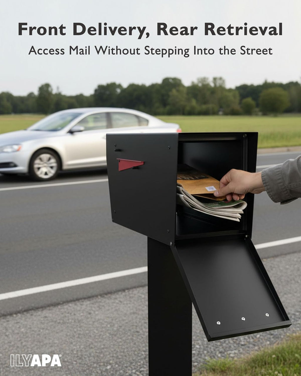 Ilyapa Black Modern Mailbox Post Mount Mailboxes for Outside- Powder Coated Steel Metal Mail Box with Rear Door, Outdoor All Weather & Corrosion Resistant, Stainless Steel Hinges & Magnetic Door