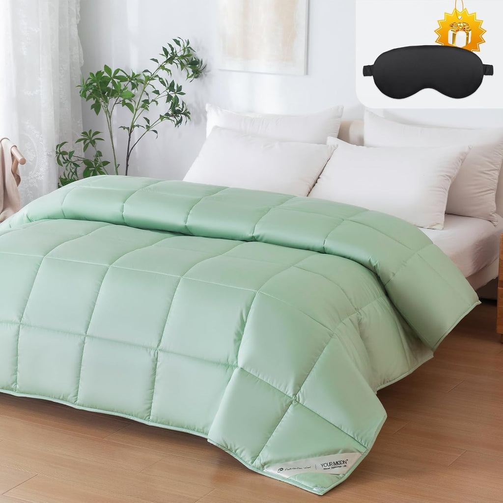 YOUR MOON Luxurious All Season Wool Comforter Queen Size, 100% Australian Lamb Wool Filling, Hypoallergenic Comforter Duvet Insert with Soft Noiseless Cotton Shell (Green)