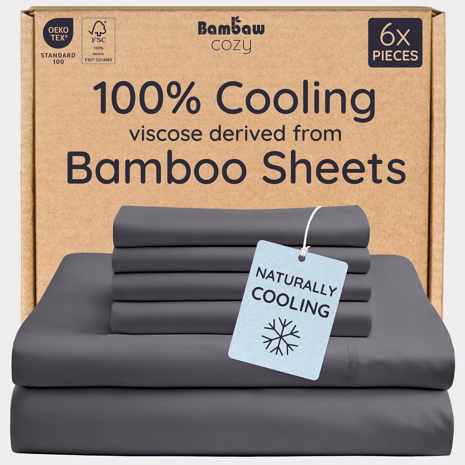 Bambaw 100% Viscose Derived from Bamboo Sheets King Size Set – 6pcs Set of Cooling Sheets for Hot Sleepers, Super Soft Bed Sheets King, Fits Up to 16'' Mattresses, Luxury Bedding Sets King (Charcoal)