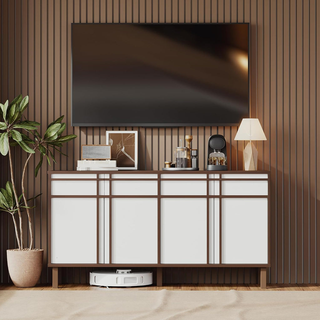 58 inch Sideboard Buffet Cabinet with 3 Drawers, Modern Credenza with 4 Doors & Adjustable Shelf, Large Coffee Bar Storage for Kitchen, Entryway