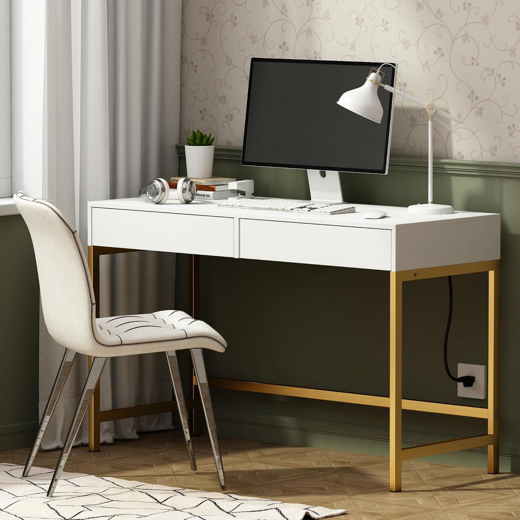 Treocho Computer Desk with USB Charging Ports and Power Outlets, Modern Simple 47 inch Vanity Desk with 2 Drawers, Makeup Table for Home Office, Bedroom, White and Gold