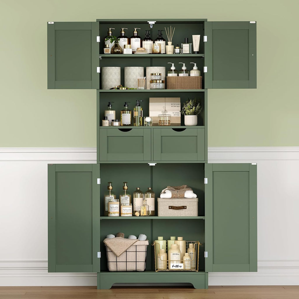 Iwell 58' H Tall Bathroom Storage Cabinet with 2 Drawers & 2 Adjustable Shelves, Bathroom Cabinet with 4 Doors, Tall Cabinet for Living Room, Dining Room, Entryway, Forest Green