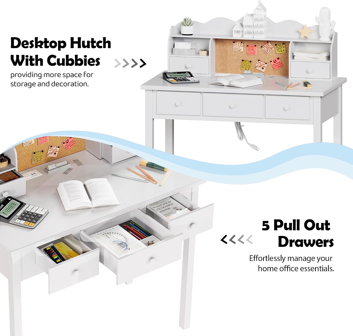 FUNKOCO Home Office Furniture Writing Desk, 36 Inch Computer Work Station with Detachable Hutch for Small Place, 5 Drawers(White)