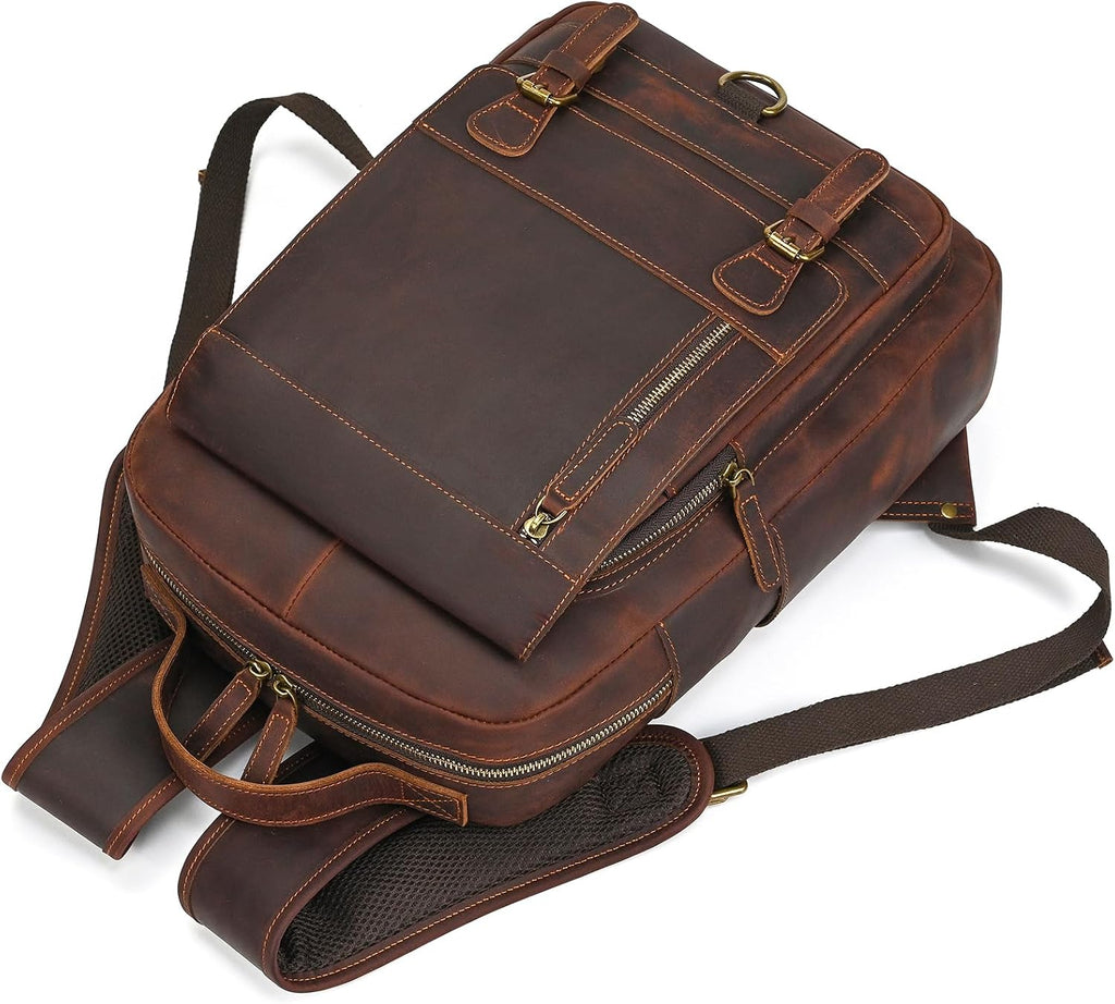 Vintage Full Grain Leather Backpack for Men, 16' Laptop Rucksack For Men Hiking Trave Work Business Bag, 1829 Brown