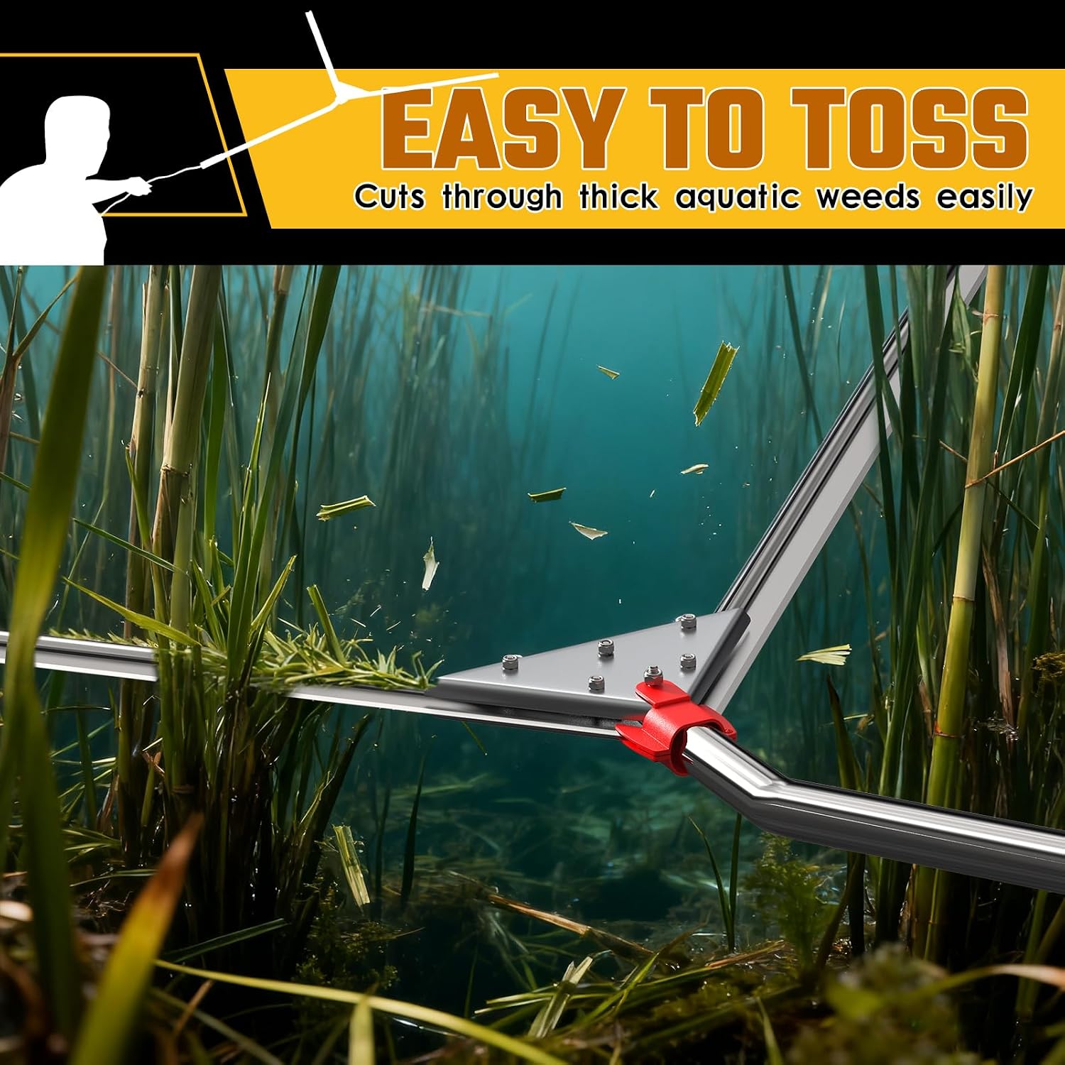 Buzzlett Lake Weed Cutter, 48-Inch Cutting Width, Aquatic Cutting Tool for Lakes & Ponds, Sharp Stainless Steel Blades, Rust-Proof, 28-Foot Throw Rope, Cuts Lily Pads, Algae & Reed