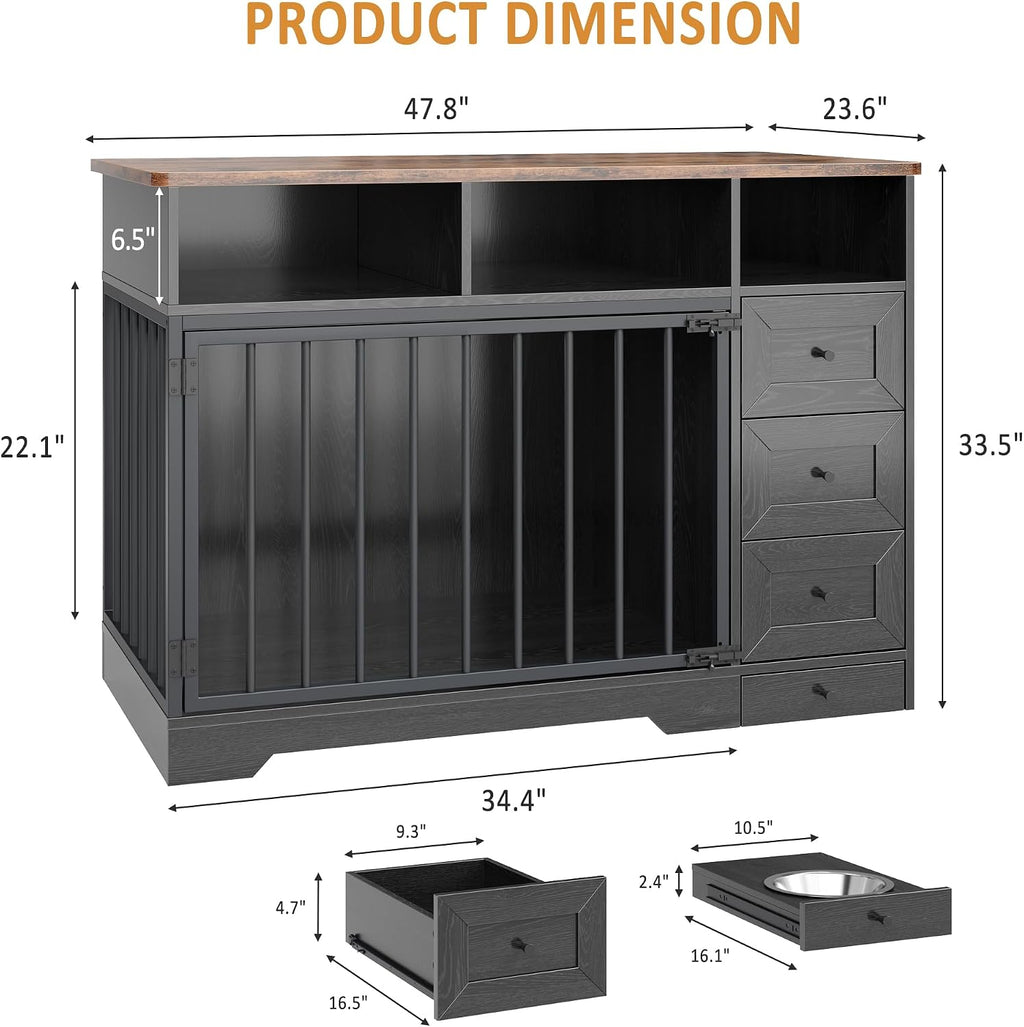 GarveeLife 48'' Dog Crate Furniture, Farmhouse Heavy Duty Dog Kennel with Bowl & Storage Drawers, Medium Dog Cage End Table for Small Medium Dogs, Black