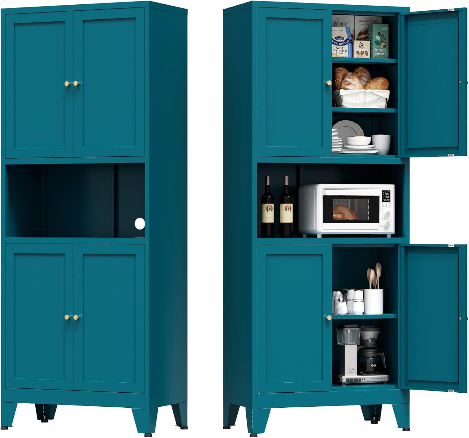 Bevivog Tall Pantry Cabinet with Microwave Shelf, 69' Metal Storage Cabinet with 4 Doors and Adjustable Shelves,Freestanding Metal Kitchen Hutch Cabinet, Blue Pantry Closet Storage Shelves with Doors