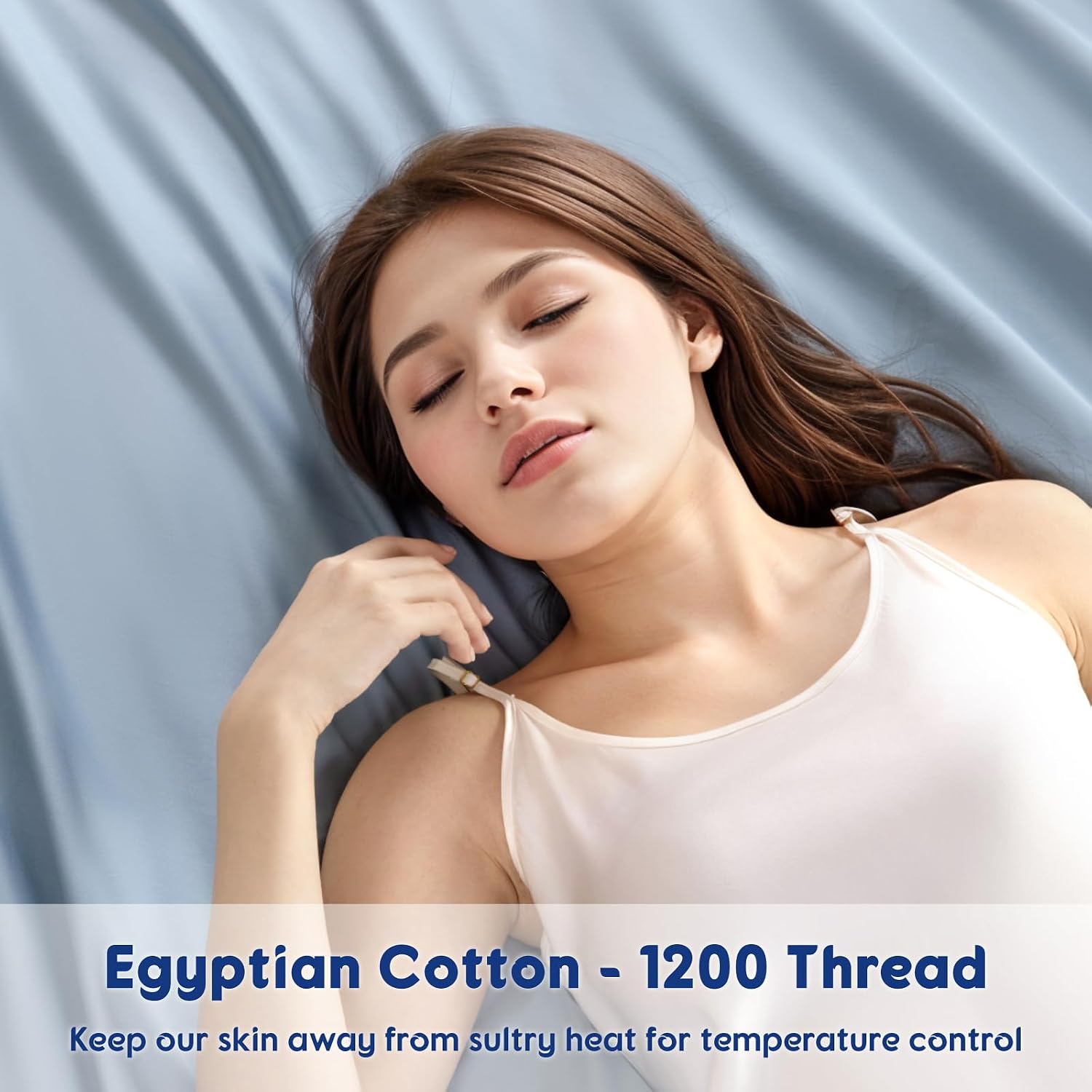 SONORO KATE 100% Egyptian Cotton Sheets - 1200 Thread Count, Luxury & Cooling Hotel Cotton Bed Sheets Set 4 Piece, Sateen Weave for Soft Feel, Fits Upto 16' Mattress (French Blue, Queen)