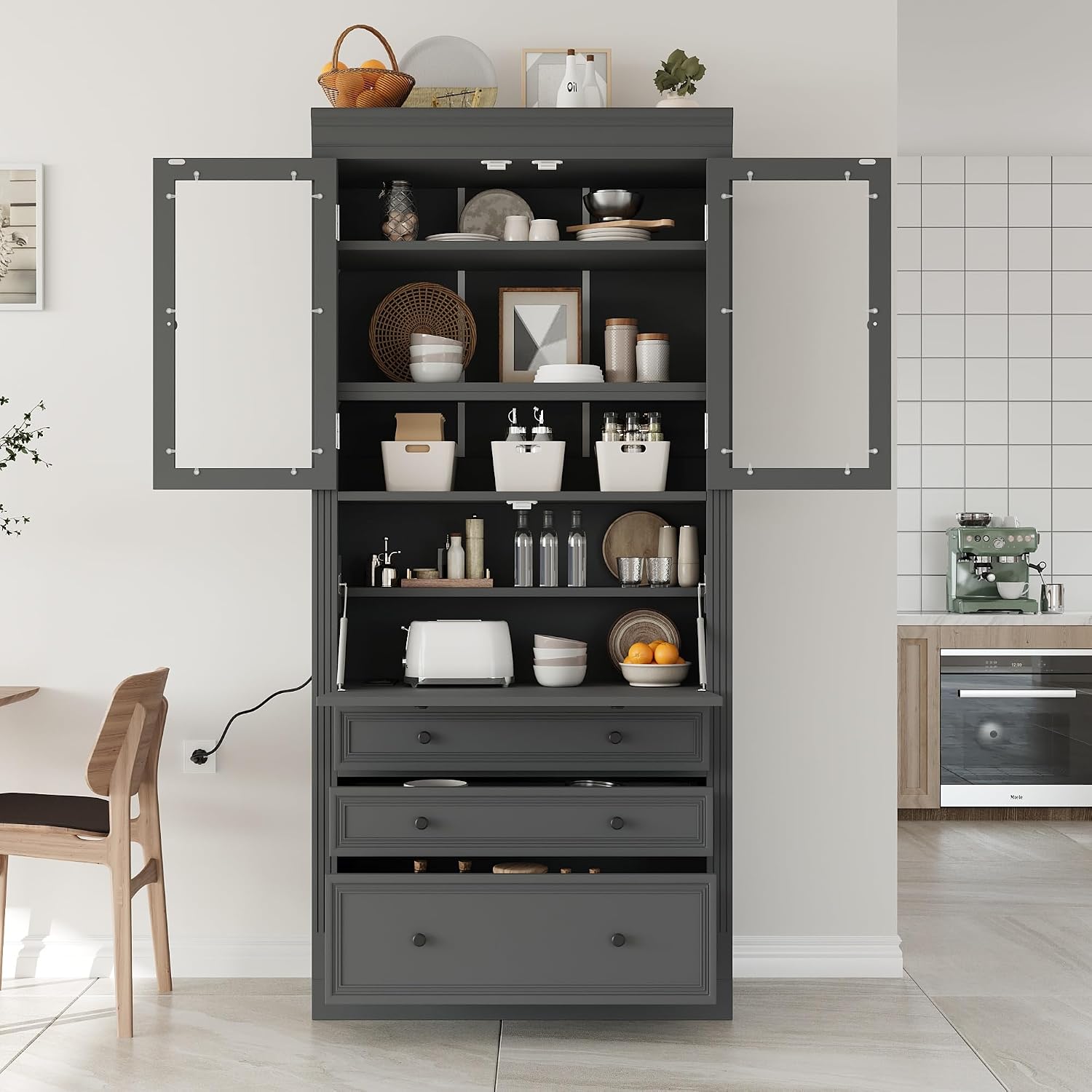 78 inch Tall Kitchen Pantry Cabinet with 3 Drawers and Adjustable Shelves, Wood Storage Cabinet with Drop-Down Surface and Glass Doors for Dining Room and Living Room (Grey//3)