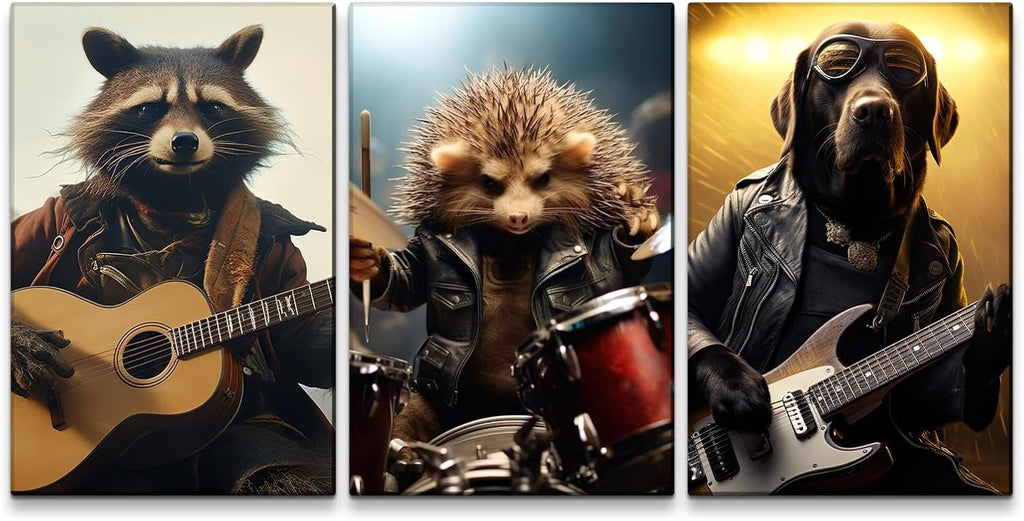 YONICA 3 Panel Animal Band Canvas Wall Art for Home Music Decor - Funny Animals Playing Musical Instruments Modern Cool Wall Picture Print On Canvas HD Giclee Artwork Ready to Hang - 24'x32'x3 Panels
