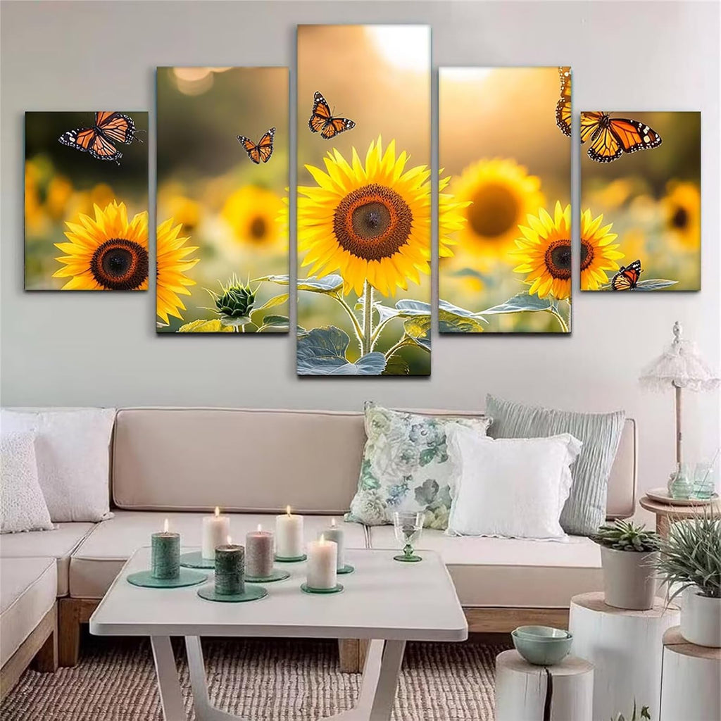 Butterfly Diamond Art 5 Piece Diamond Painting Sunflower 5D Full Square Drill Dimond Art Paintings Crystal Crafts for Adults Gem Painting for Home Decor, Large Artwork for Wall 40 x 80 Inch, Model366