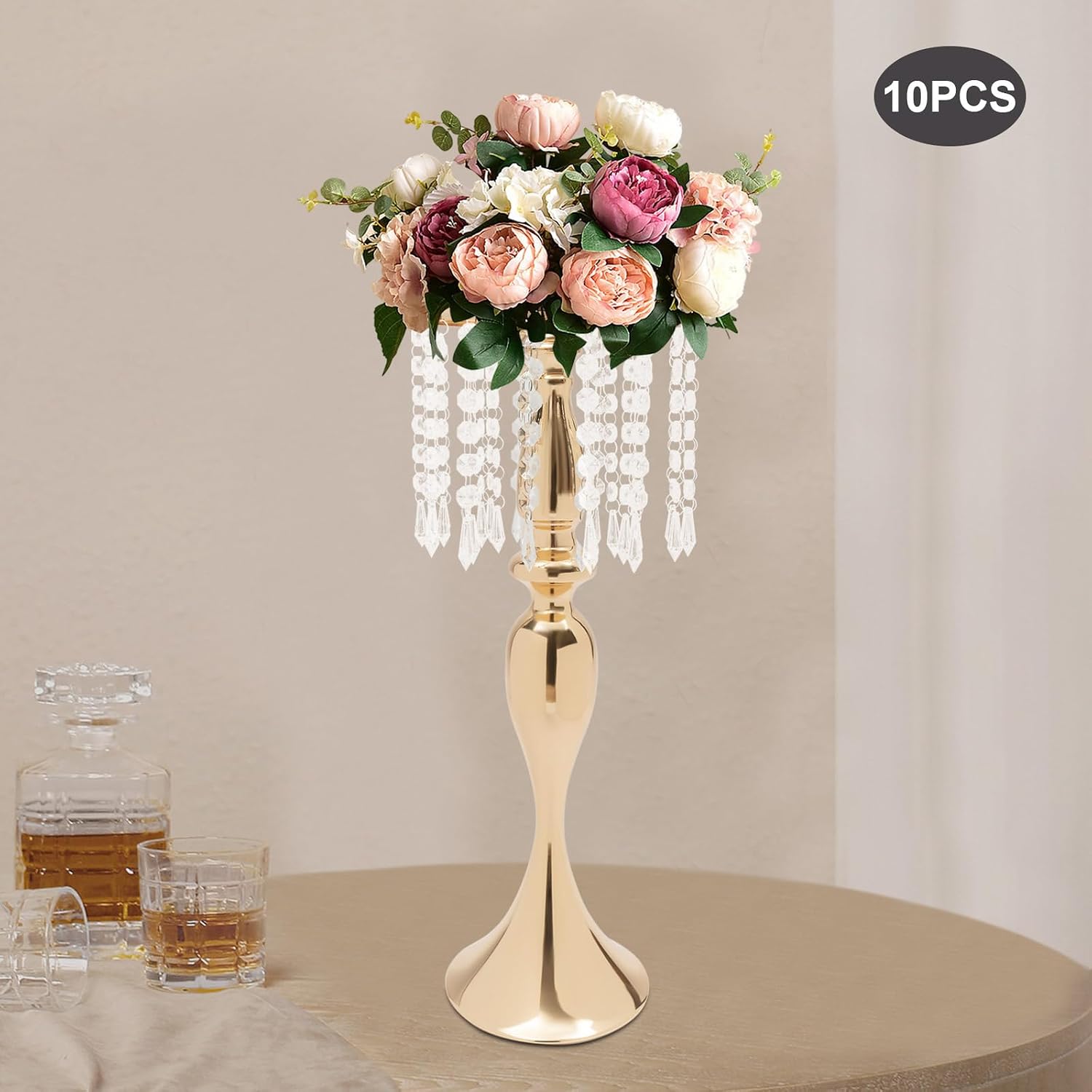 10PCS Crystal Flower Stand Wedding Centerpieces 21.3Inch Tall Gold Vases Metal Flower Candle Holder with Sparkling Crystal for Table Wedding Party Dinner Event Decor (Gold-6)