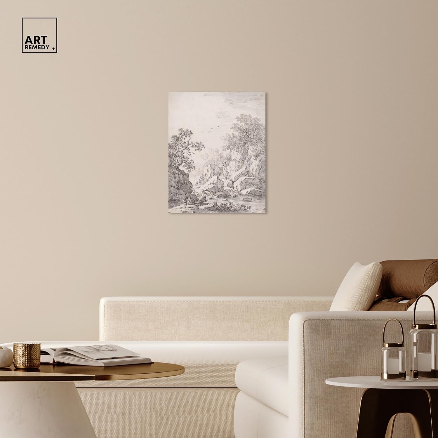Art Remedy A Waterfall by Rock Cliffs 1750s Canvas Classic Sketches, Gallery Wrapped, 24' x 30'