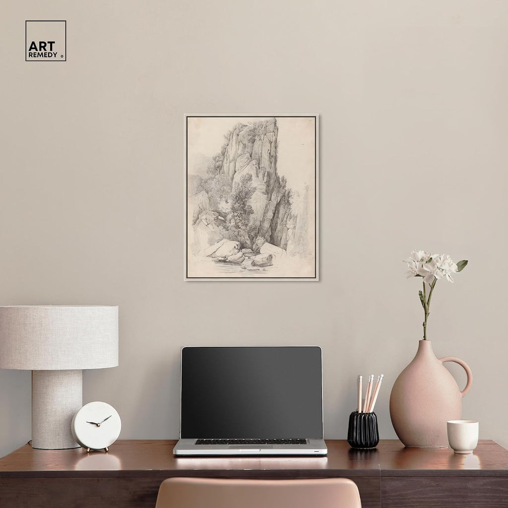 Art Remedy Rock Cliffs above a Stream 1818 Canvas Classic Sketches, Silver Frame, 16' x 20'