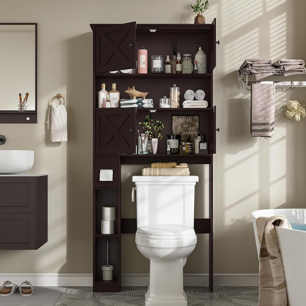 Halitaa Over The Toilet Storage Cabinet, Farmhouse Storage Cabinet Over Toilet with 4 Barn Doors & Toilet Paper Holder Stand, Espresso Toilet Shelf Home Space Saver for Restroom, Bathroom, Laundry