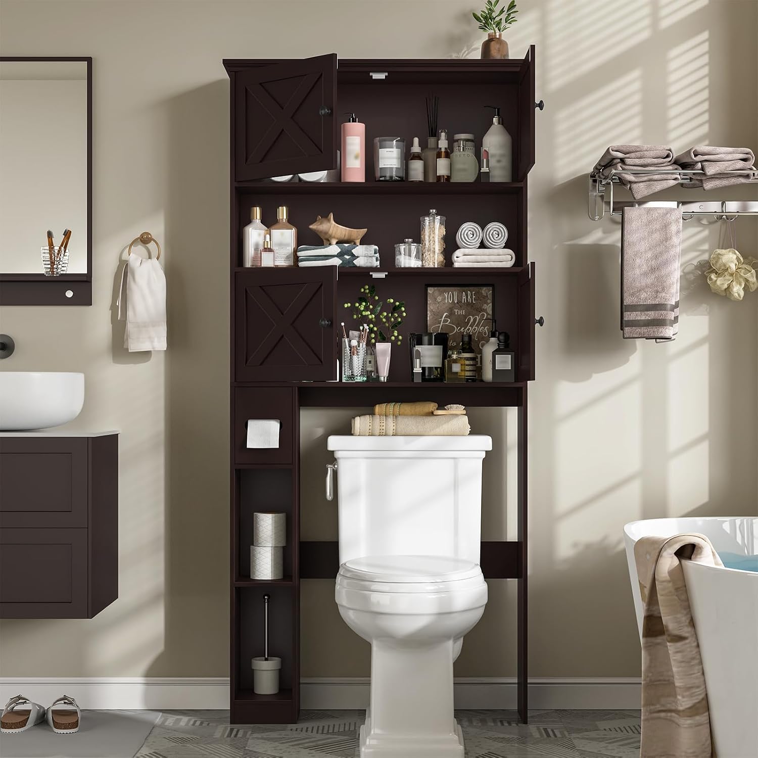 Halitaa Over The Toilet Storage Cabinet, Farmhouse Storage Cabinet Over Toilet with 4 Barn Doors & Toilet Paper Holder Stand, Espresso Toilet Shelf Home Space Saver for Restroom, Bathroom, Laundry