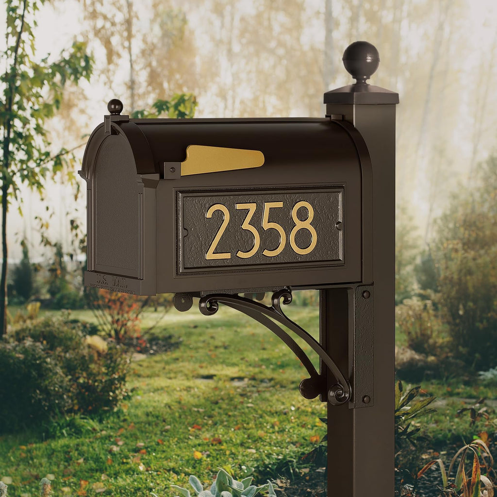 Whitehall Custom Extra Large Mailbox, Capitol Model with Modern Style Address Plaques and Post Package, Sand Cast Aluminum, Bronze Personalized in Goldtone