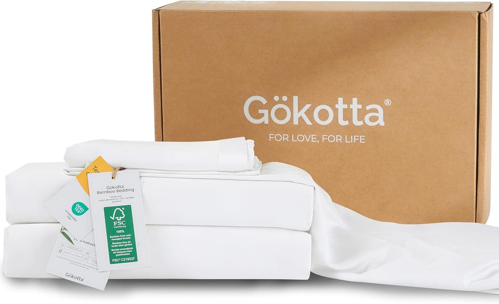 GOKOTTA Full Sheets Set - FSC & Oeko-TEX Certified - 100% Rayon Derived from Bamboo - 430 High Thread Count Ultra Soft and Cooling,16'' Deep Pocket with Elastic Corner Straps - Pure White