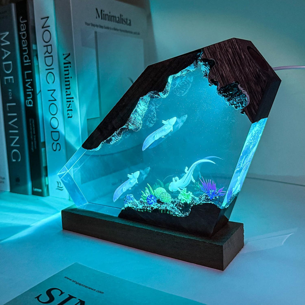 Axolotl Resin Lamp,Handcrafted 3D RGB Axolotl Night Light with Wooden Base for Home Office Decor,Unique Axolotl Gifts, Birthday Valentine's Day Gifts for Women & Men (M 8'X5')