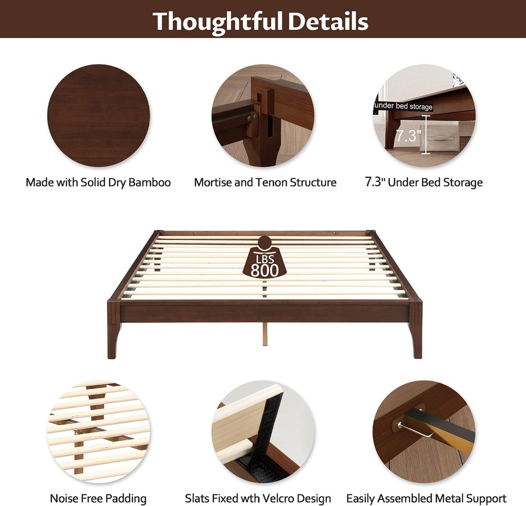 Merax Mid-Century Bamboo Platform Bed, Queen Size Bed Frame with Wood Slat Support, No Box Spring Needed, Easy Tool-Free Assembly, Chocolate