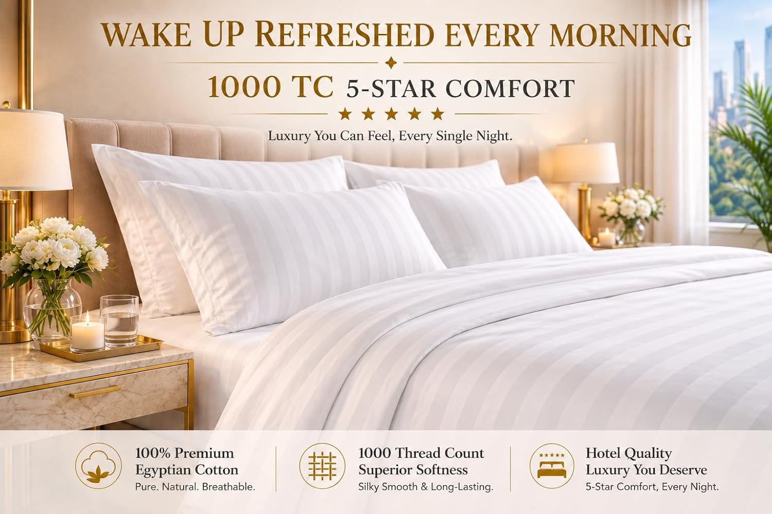 CASA ESENCIA 100% Egyptian Cotton Sheets Queen Size – 1000 Thread Count Luxury Hotel Sateen Weave Sheet Set, Soft & Breathable, 17' Deep Pocket, 4-Piece White Striped Bedding, All-Season Comfort