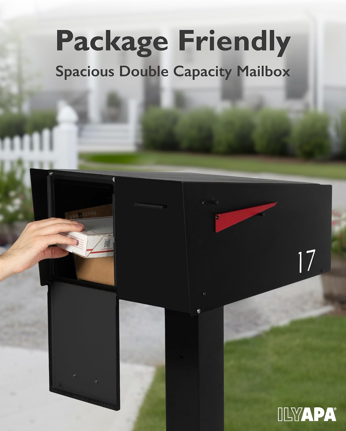 Ilyapa Black Double Mailbox, Post Mount Mailboxes for Outside- Two Sided Mail Box for 2 Houses with Standard Single Mounting, Door Numbering Kit, Outdoor All Weather with Magnetic Doors