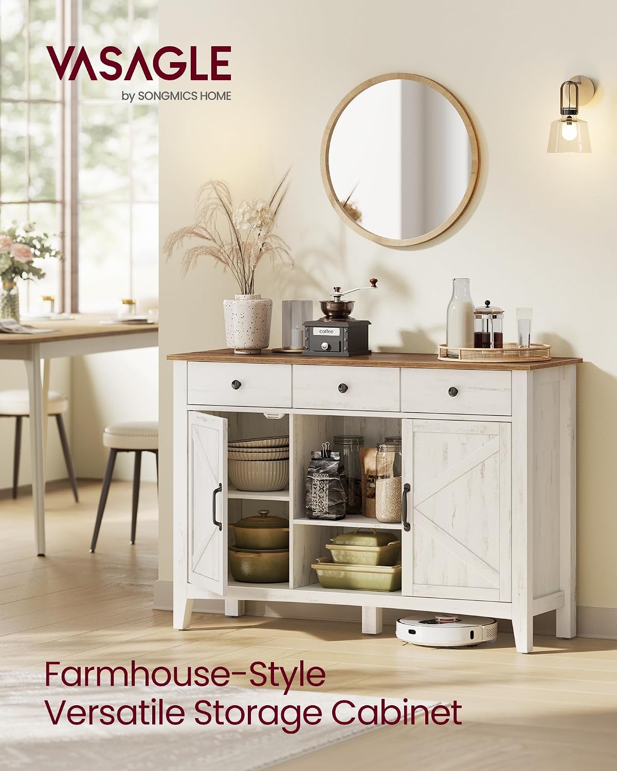 VASAGLE LIRY Collection - Buffet Cabinet, Coffee Bar Cabinet with 3 Drawers, Adjustable Shelves, Sideboard Storage with Cable Holes, Drawer Dividers, Rustic White and Honey Brown UBBK371W01V1