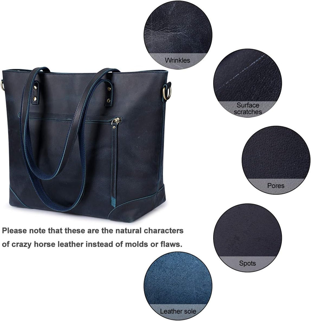 S-ZONE Vintage Genuine Leather Shoulder Bag Work Totes for Women Purse Handbag with Back Zipper Pocket Large