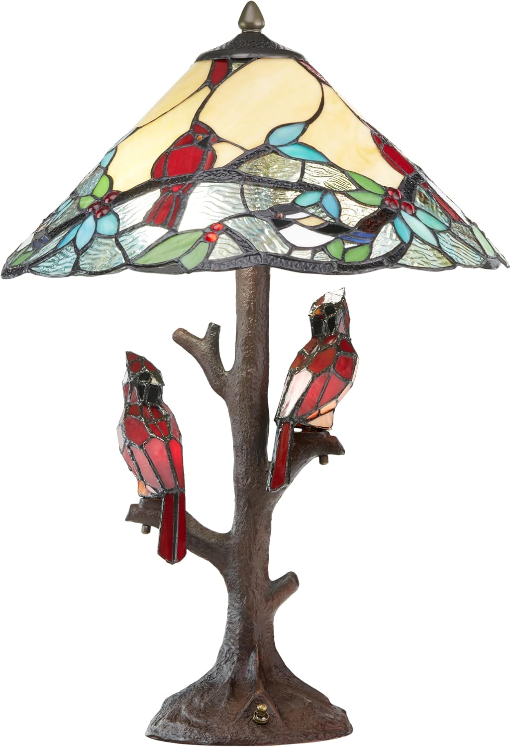 RIVER OF GOODS - Stained Glass Triple Lit Cardinals on Tree Table Lamp - 23.75' in - Table Lamp for Bedroom - Bedside Lamp - Desk Lamps for Home Office - Tiffany Style - Multi Color