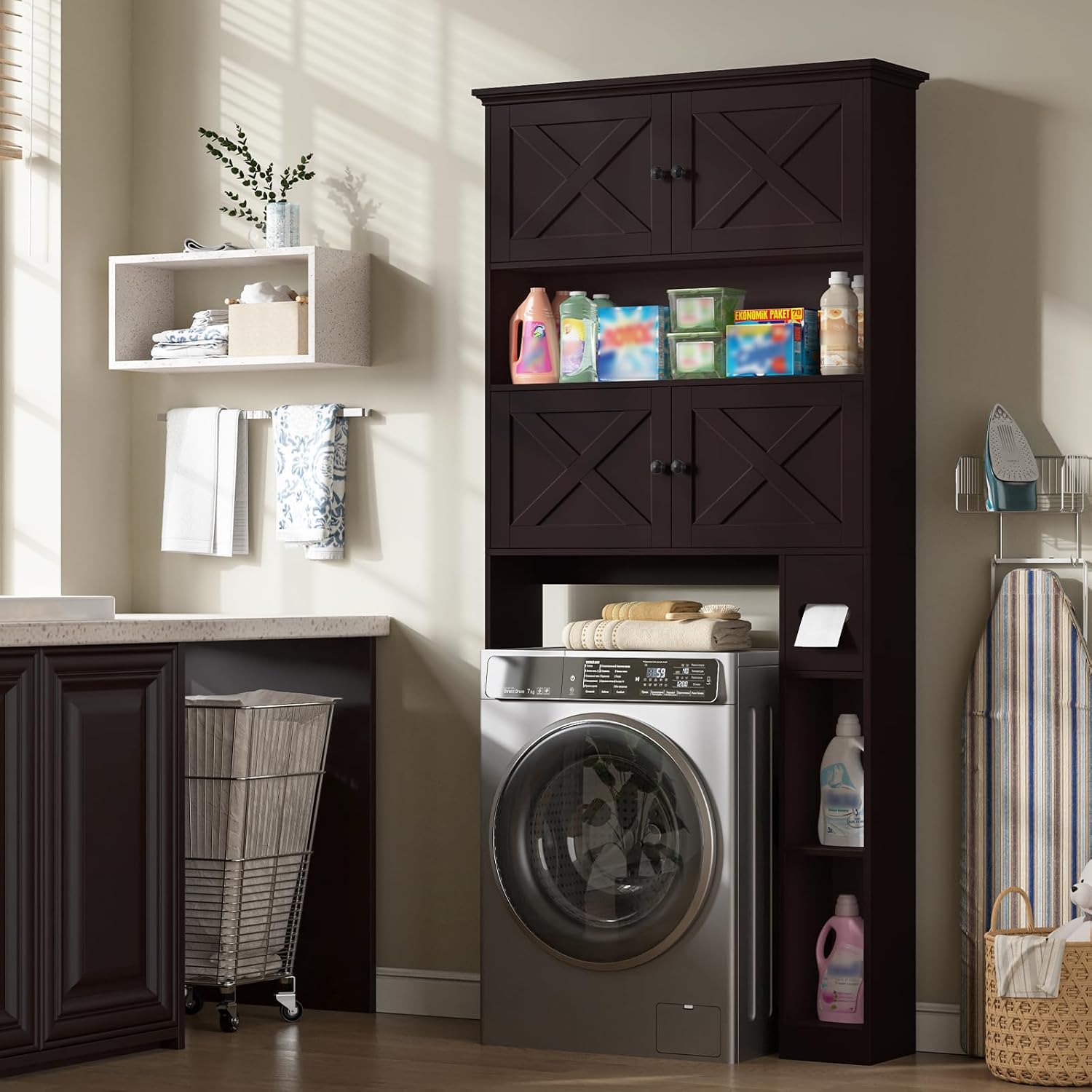 Halitaa Over The Toilet Storage Cabinet, Farmhouse Storage Cabinet Over Toilet with 4 Barn Doors & Toilet Paper Holder Stand, Espresso Toilet Shelf Home Space Saver for Restroom, Bathroom, Laundry