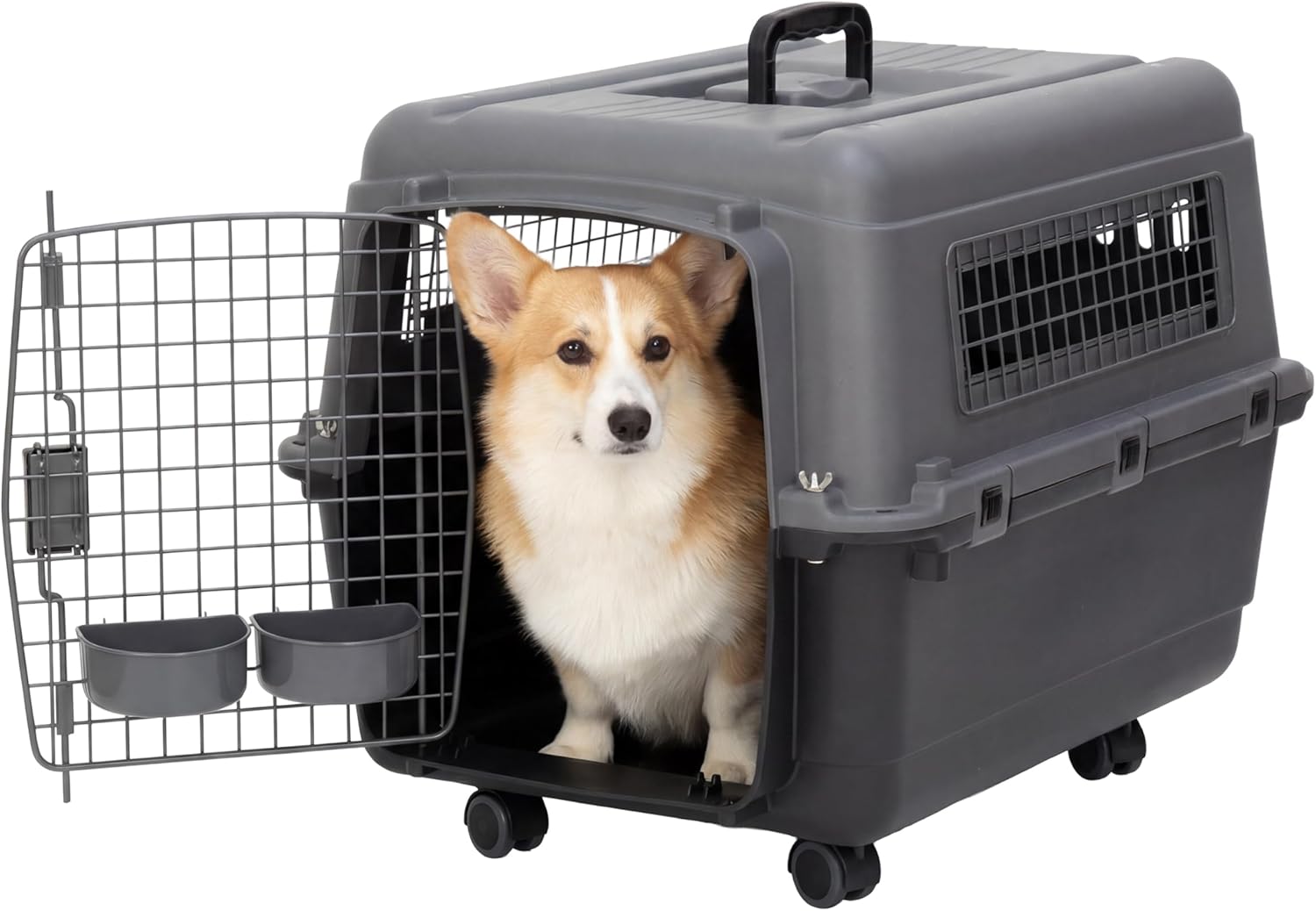 SportPet Airline Compliant MEDIUM 26.5' Travel Dog Kennel-Durable Plastic Airline Pet Carrier w/ Removable Wheels & Food Bowls, Collapsible Indoor/Outdoor Dog Kennel, Dogs up to 23'L & 15'H-Dark Gray
