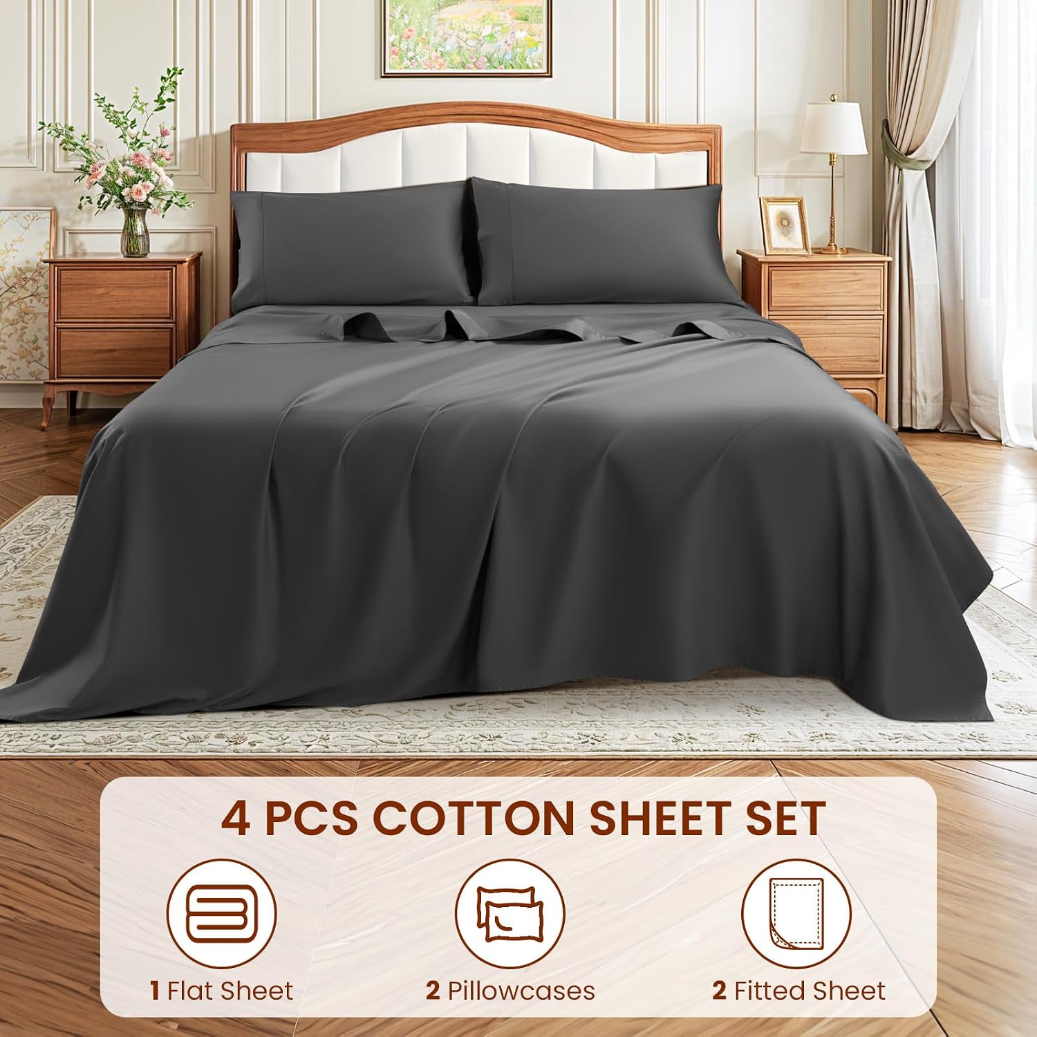 LBRO2M 1500 Thread Count Sheets 100% Egyptian Cotton Sheets Set 16 Inches Deep Pocket King Size Bedding 4 Pcs Sets (King, Dark Gray)