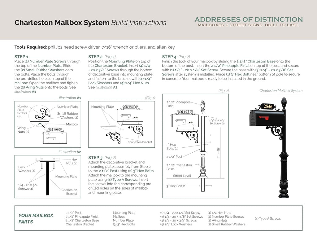 Charleston Mailbox & Post System – Black Rust Resistant Mailbox – Includes Address Plaque, Numbers, Scroll & Mounting Hardware (Standard)