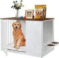TBWIND Dog Crate Furniture for Large Dogs, 36' Indoor Wooden Dog Kennel with 270° Swivel Door & 360° Rotating Feeder, Decorative Heavy Duty Dog House with Double Locks & Bowls, White