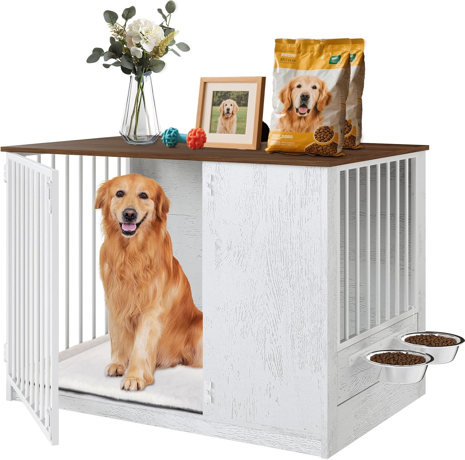 TBWIND Dog Crate Furniture for Large Dogs, 36' Indoor Wooden Dog Kennel with 270° Swivel Door & 360° Rotating Feeder, Decorative Heavy Duty Dog House with Double Locks & Bowls, White