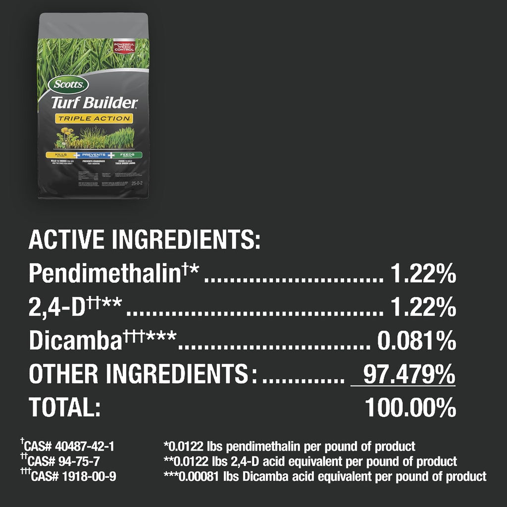 Scotts Turf Builder Triple Action1 - Weed Control, Lawn Weed Killer, Crabgrass Preventer, and Grass Fertilizer for Lawns, Covers 12,000 sq. ft., 33.94 lb. (2-Pack)