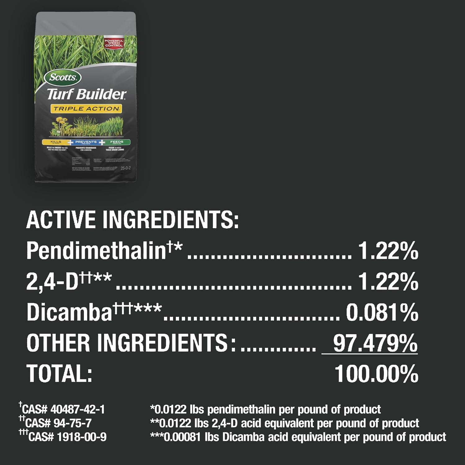 Scotts Turf Builder Triple Action1 - Weed Control, Lawn Weed Killer, Crabgrass Preventer, and Grass Fertilizer for Lawns, Covers 12,000 sq. ft., 33.94 lb. (2-Pack)
