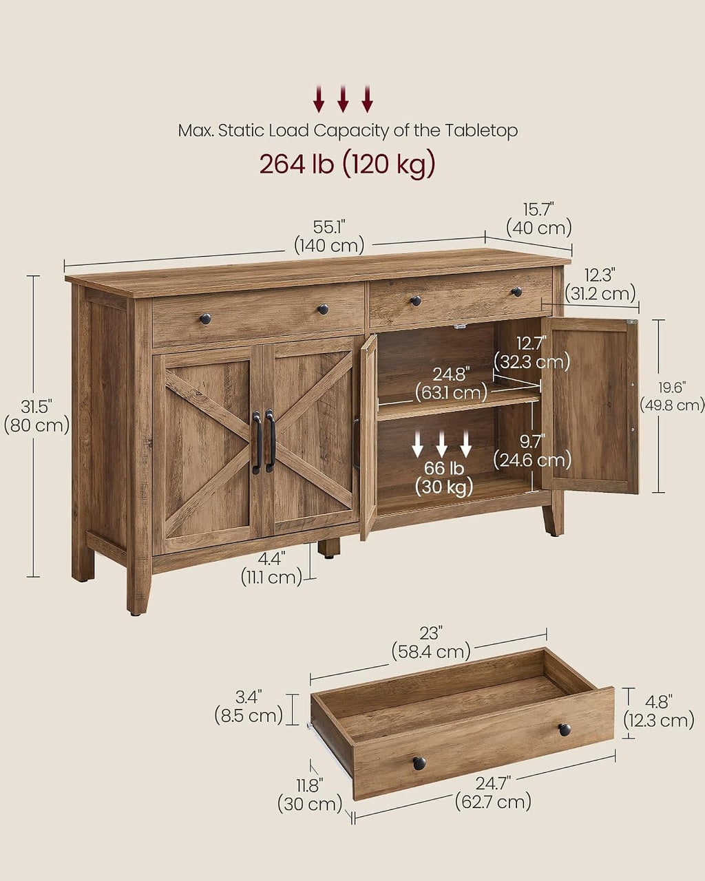 VASAGLE LIRY Collection - Buffet Cabinet, Coffee Bar Cabinet with 2 Drawers, Adjustable Shelves, Sideboard Storage with Cable Holes, Drawer Dividers, Honey Brown UBBK381K01
