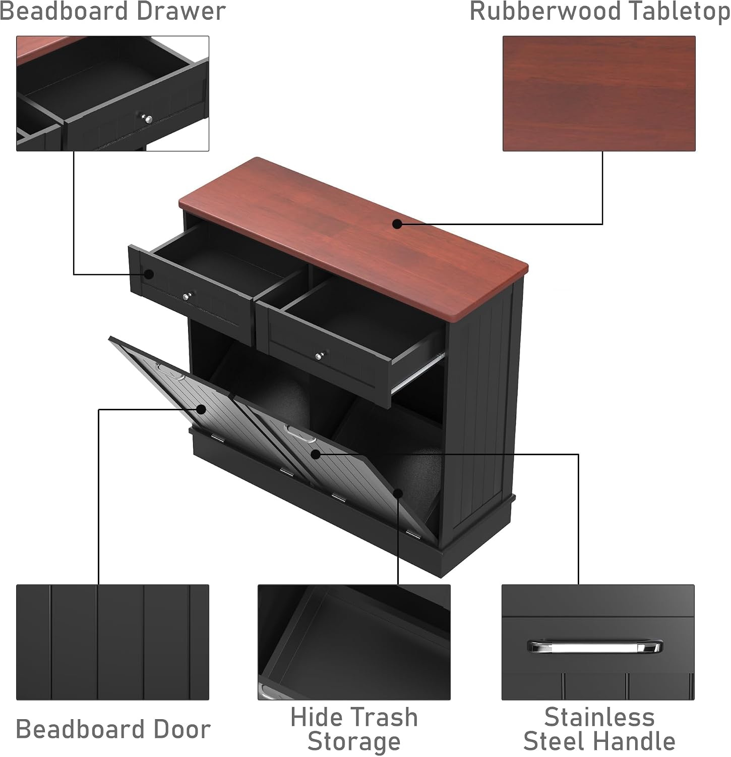 TOLEAD Tilt Out Trash Cabinet,Antique-Style Beadboard Kitchen Island with Solid Wood Tabletop & Drawer, Pet Proof Trash Can, Wood Laundry Cabinet (Black, Double Door)