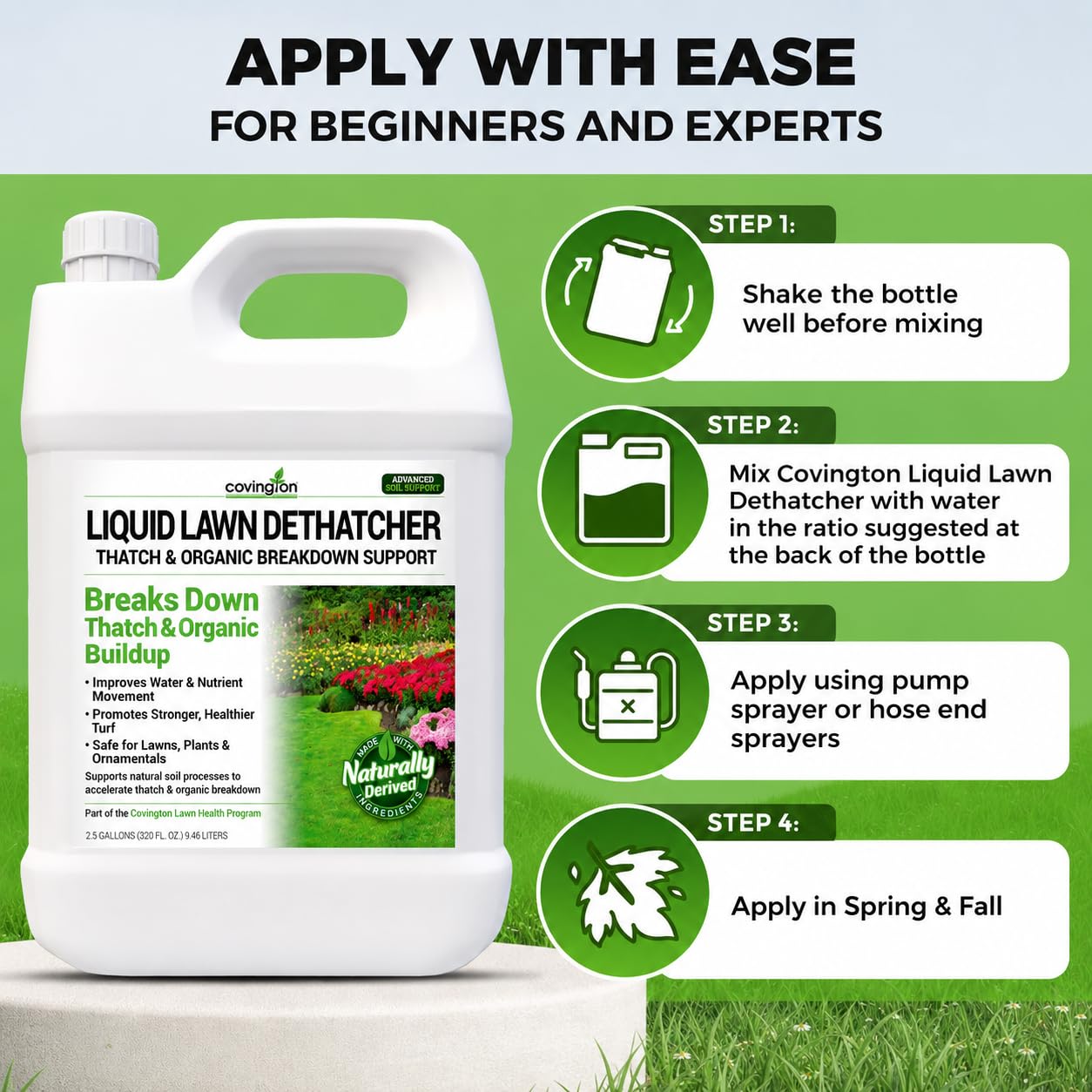 Covington Liquid Lawn Dethatcher (2.5 Gal) – Liquid Aerator Concentrate & Humic Thatch Remover, Soil Softener & Grass Thatch Buster for Lawns & Gardens – Kids & Pet Safe, Made in USA