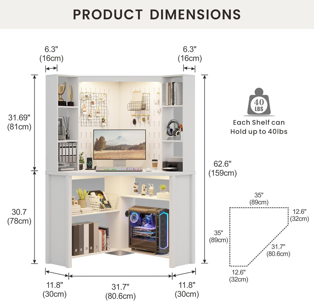 Corner Desk with - LED Reading Light, L-Shaped Computer Desk w/Hutch & Shelves, Home Office Desk w/Charging Station for Work & Study, File Cabinet Storage Bookshelf for Small Space (White)