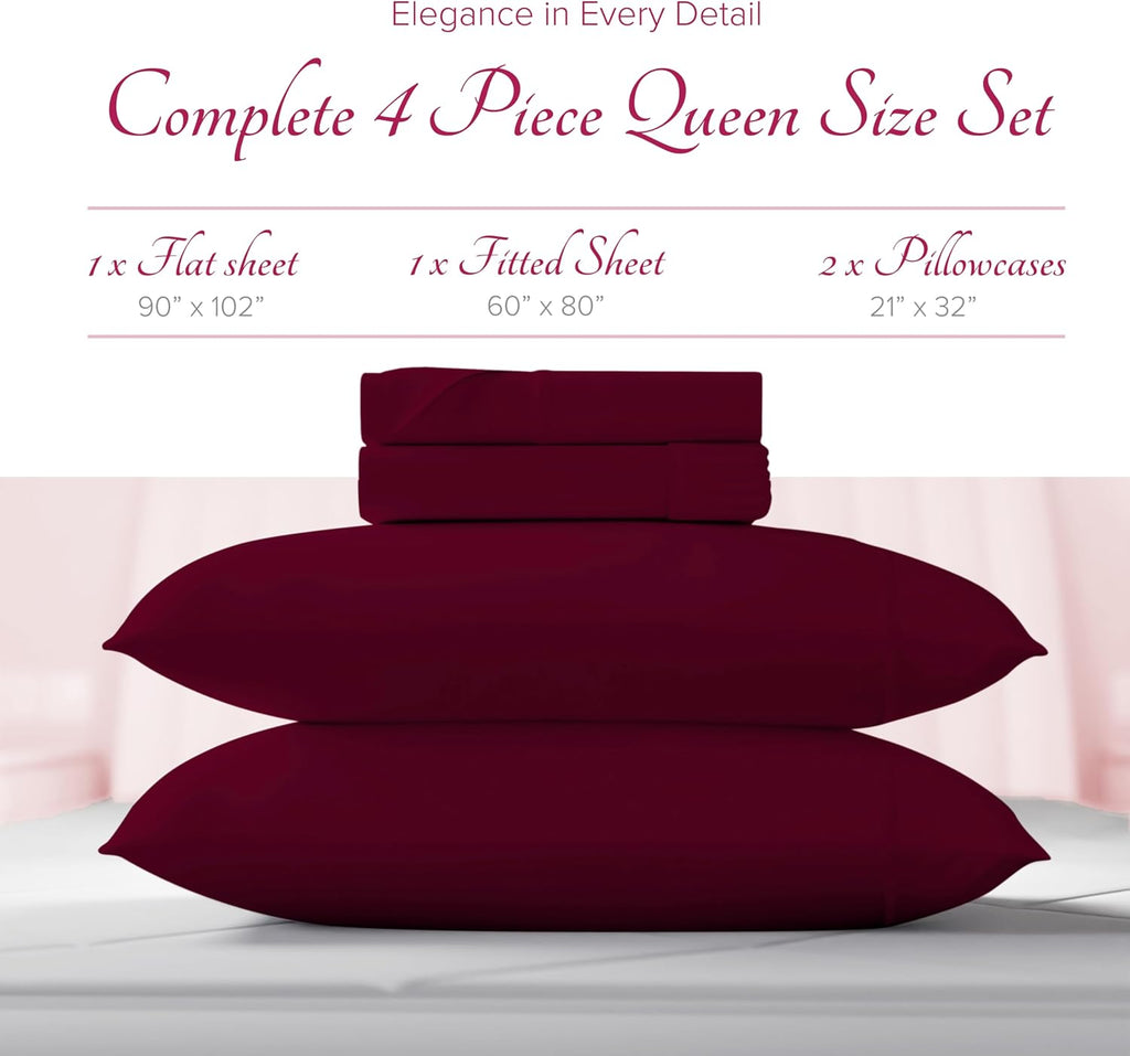 Carressa Linen 100% Egyptian Cotton Queen Sheet Set - Luxury 1200 Series Rose Collection Egyptian Cotton Sheets Queen Size (4 PC, Burgundy), Silky Soft, Cooling, Sateen 17' Deep Pocket Bed Set