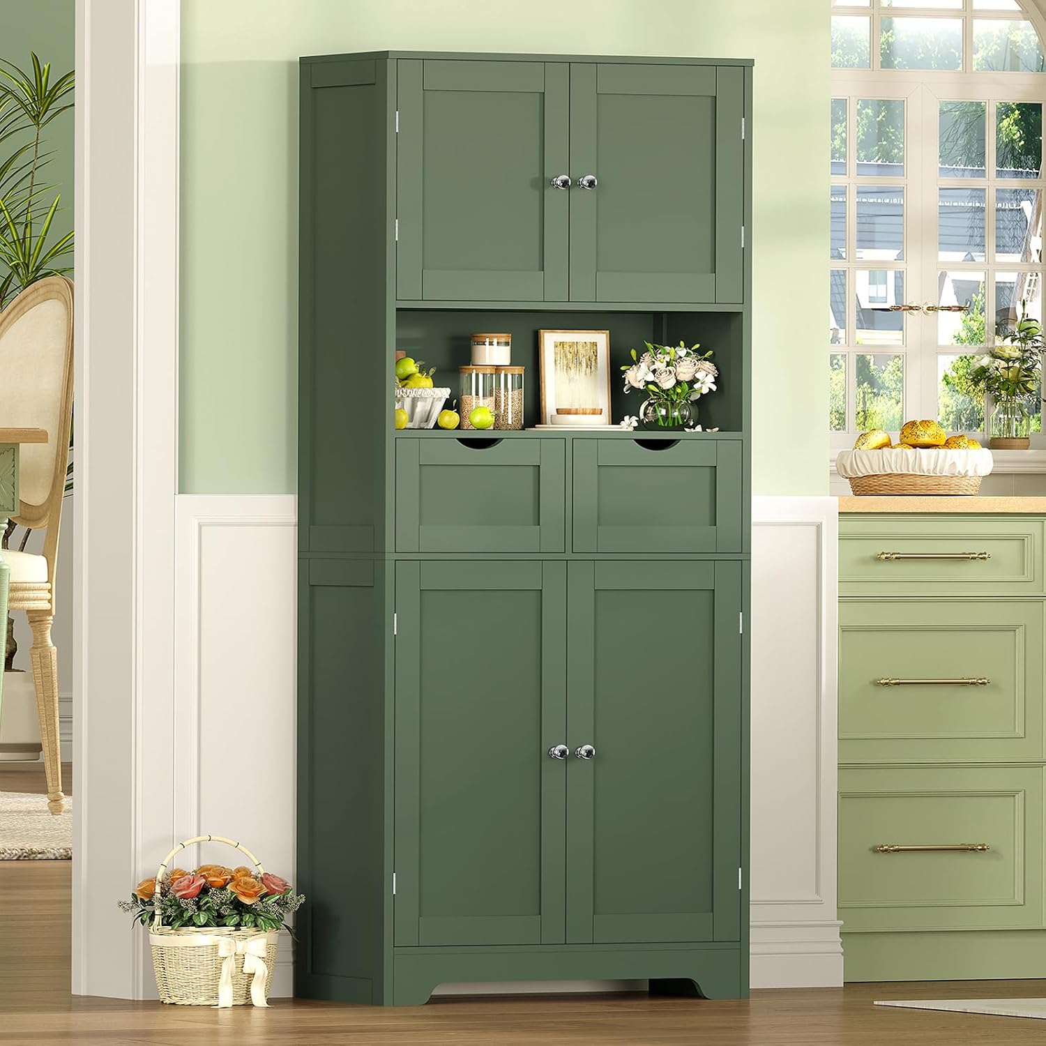 Iwell 58' H Tall Bathroom Storage Cabinet with 2 Drawers & 2 Adjustable Shelves, Bathroom Cabinet with 4 Doors, Tall Cabinet for Living Room, Dining Room, Entryway, Forest Green