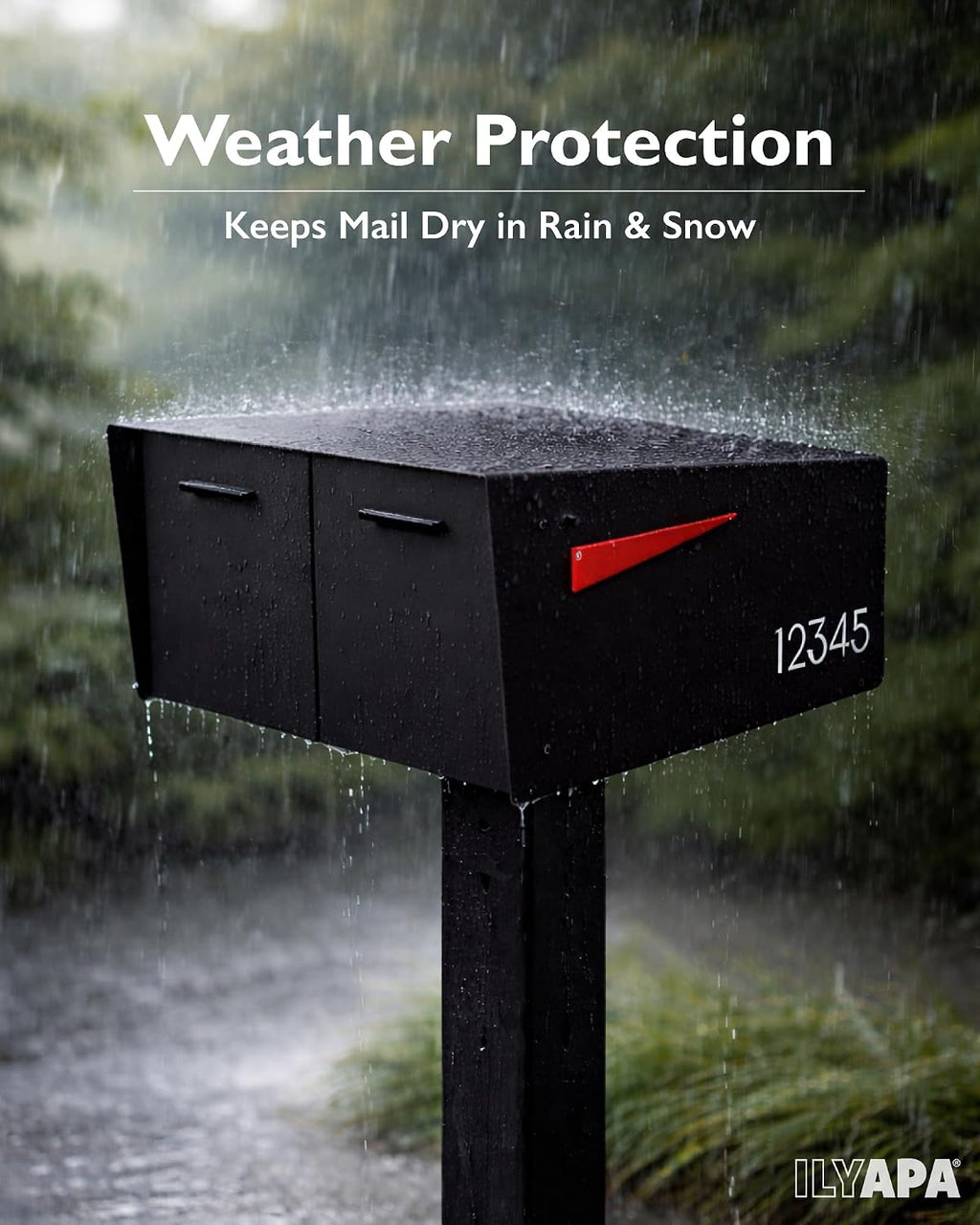 Ilyapa Black Double Mailbox, Post Mount Mailboxes for Outside- Two Sided Mail Box for 2 Houses with Standard Single Mounting, Door Numbering Kit, Outdoor All Weather with Magnetic Doors