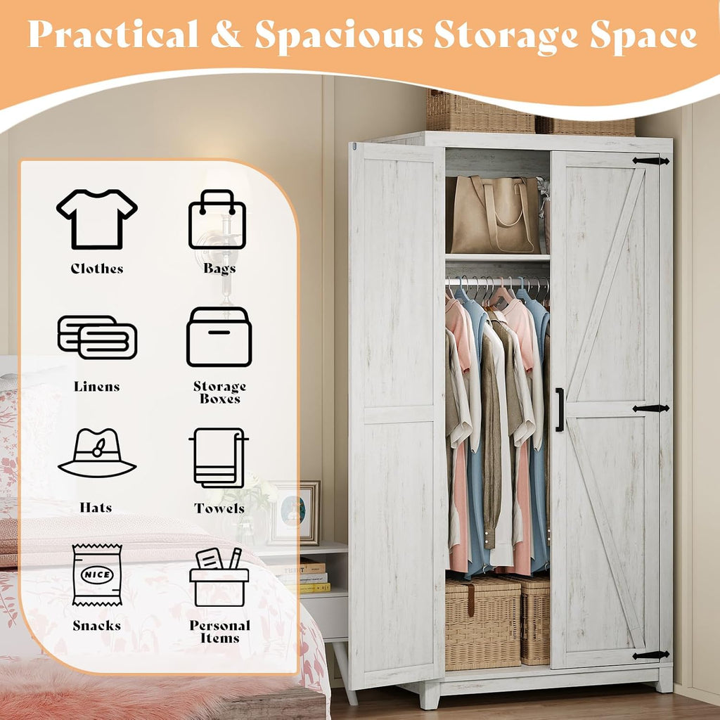 LUXOAK 70' Large Armoire Wardrobe Closet with Hanging Rod, Farmhouse Clothing Storage Cabinet with 2 Barn Doors, Wooden Tall Bedroom Armoires with Shelf, Distressed White