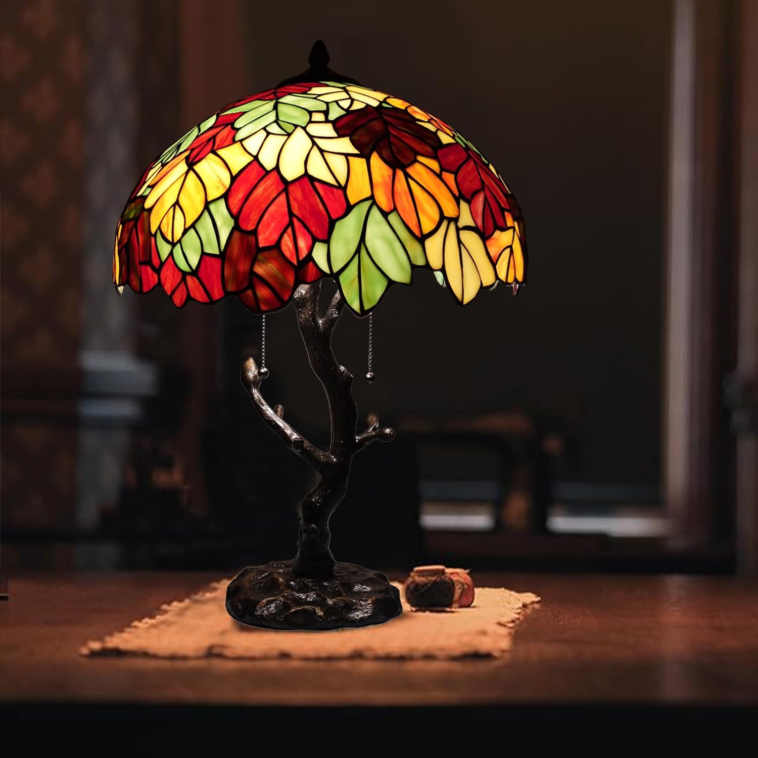 TL0032 Maple Leaves Tiffany Table Lamp Bedside Stained Glass Shade Reading Desk Light 16 x 24.25 Inches for Bedroom Living Room Home Office, LED Bulbs Included