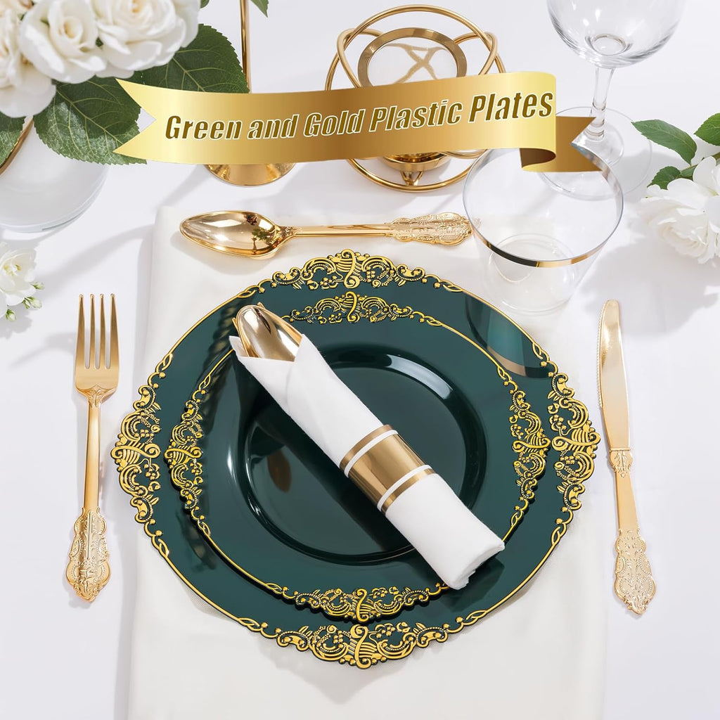 Nervure 175PCS Green Plastic Plates - Disposable Green Gold Party Plates & Pre Rolled Napkins with Cutlery for 25 Guests, 50Plates, 75Silverware, 25Cups, 25Napkin for Wedding & Party (Pack of 2)